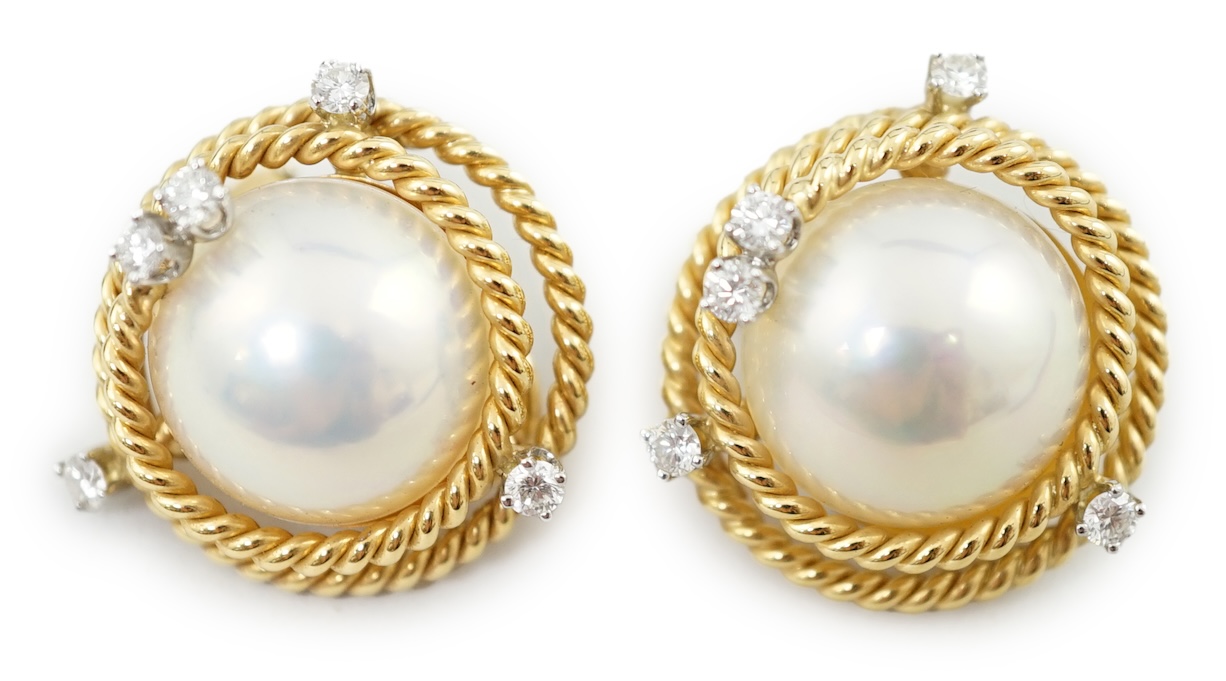 A modern pair of Tiffany & Co Schlumberger Studios 18k gold, mabe pearl and five stone diamond set ear clips